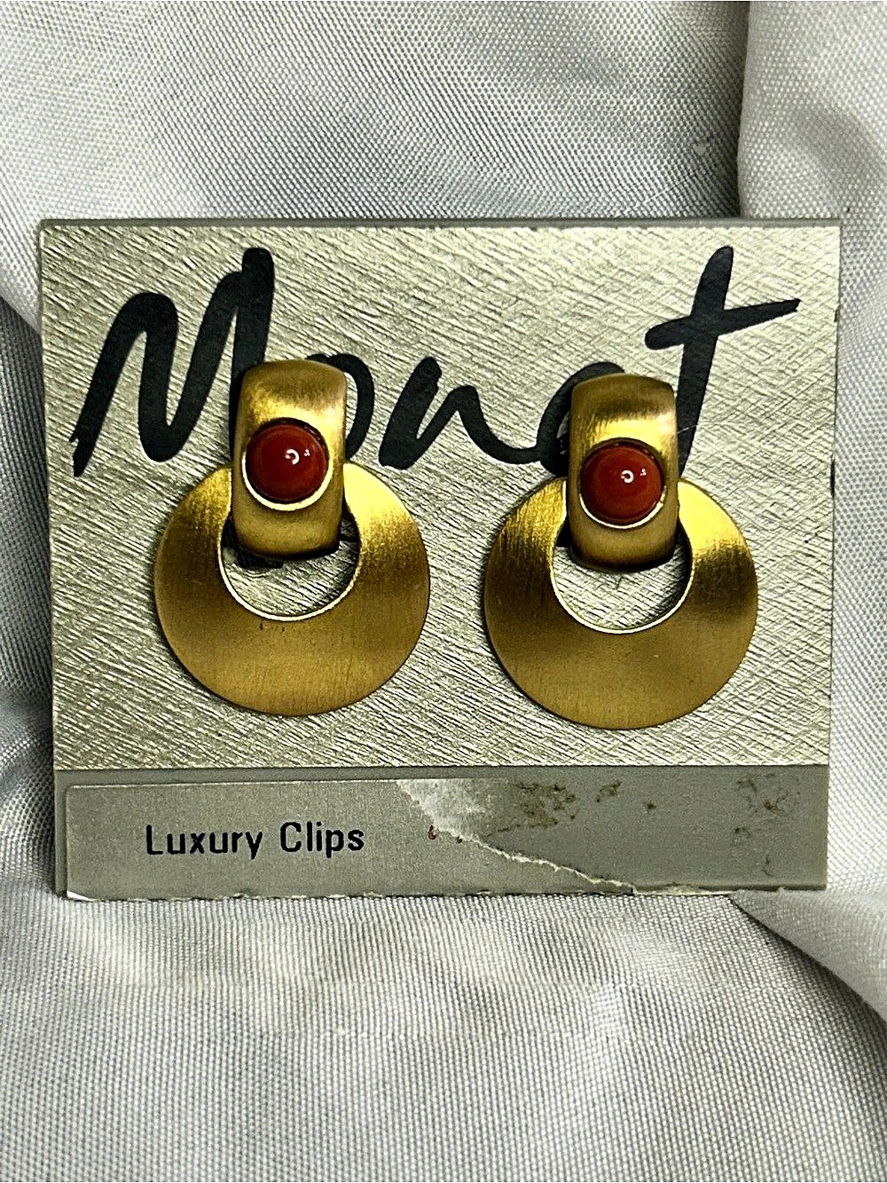 Monet Clip-On Earrings in Brushed Satin Gold & Red